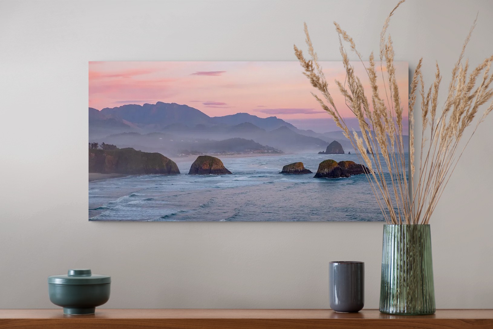Cannon Beach from Ecola fine art print displayed on a wall