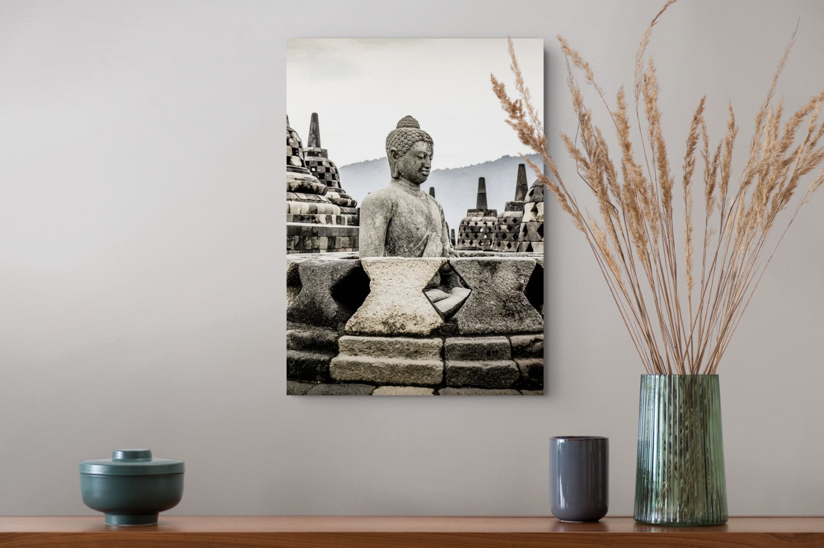Buddha at Borobudur fine art print displayed on a wall