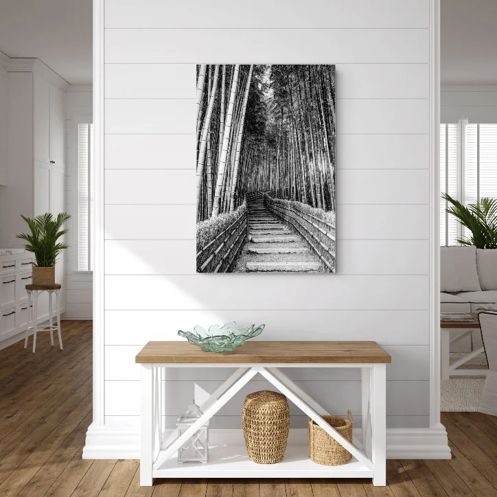 Bamboo forest portrait print in a bright farmhouse entryway